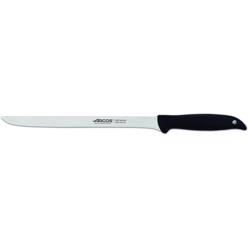 foto del prodotto coltello da prosciutto arcos minorca 145600 in acciaio inox nitrum e mango polipropilene con lama 24 cm in blister.