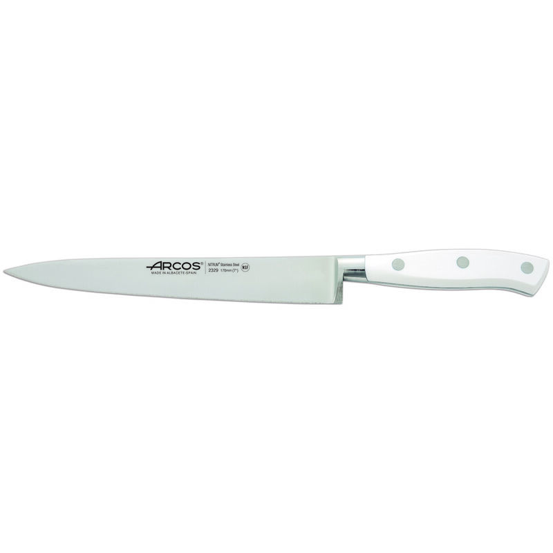 foto del prodotto coltello da sole arcos riviera blanc 232924 nitrum steel, con mango poliossimetilene e 17 cm di lama in scatola