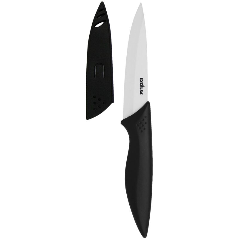 foto del prodotto coltello frutta con coprilama, ceramica, nero bianco, lama 10 cm excelsa