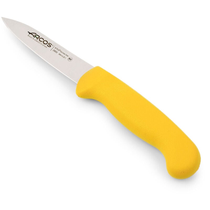foto del prodotto coltello mondador arcos colore - prof 29000000 in acciaio inox nitrum e mango polipropilene ergonomico giallo e lama 8 cm, coperchio del display