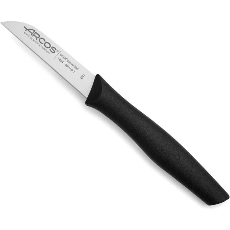 foto del prodotto coltello mondador arcos nova 188400 in acciaio inox nitrum e mango polipropilene, lama colore nero 8 cm con coperchio lama e box espositivo