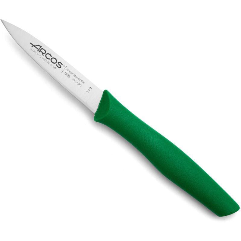 foto del prodotto coltello mondador arcos nova 188521 in acciaio inox nitrum e mango polipropilene, lama colore verde lama 8,5 cm con coperchio lama e scatola