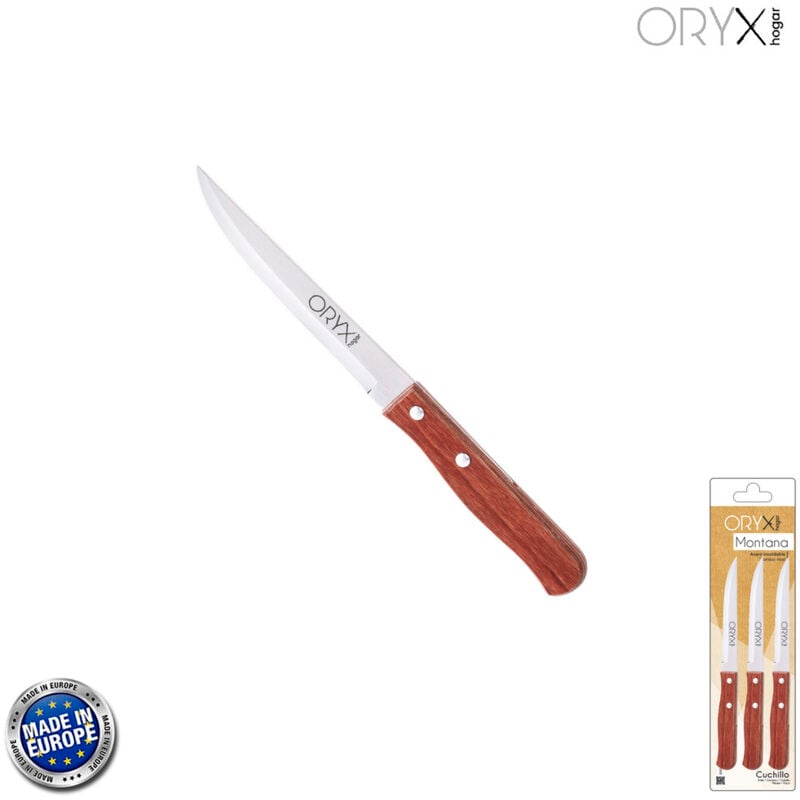 foto del prodotto coltello multiuso montana lama liscia acciaio inox 11 cm. manico in legno blister 3 pezzi 