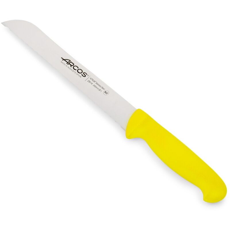 foto del prodotto coltello panero perlato arcos colore - prof 291400 acciaio inox nitrum e mango polipropilene ergonomico giallo e lama 20 cm, coperchio del display