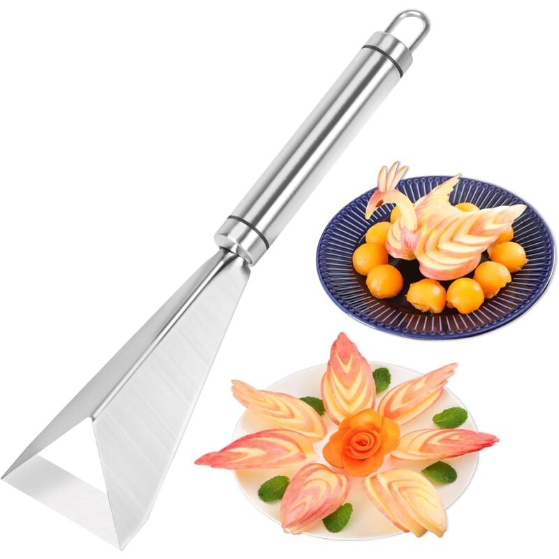 foto del prodotto coltello per intagliare la frutta, affettatrice triangolare per frutta e verdura, coltello per intagliare la frutta in acciaio inossidabile,