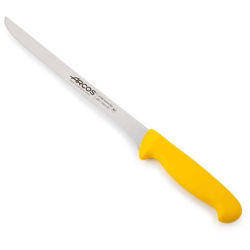 foto del prodotto coltello per prosciutto arcos 2900 prof 291100 in acciaio inox nitrum e mango polipropilene ergonomico giallo e lama 24 cm, coperchio del display