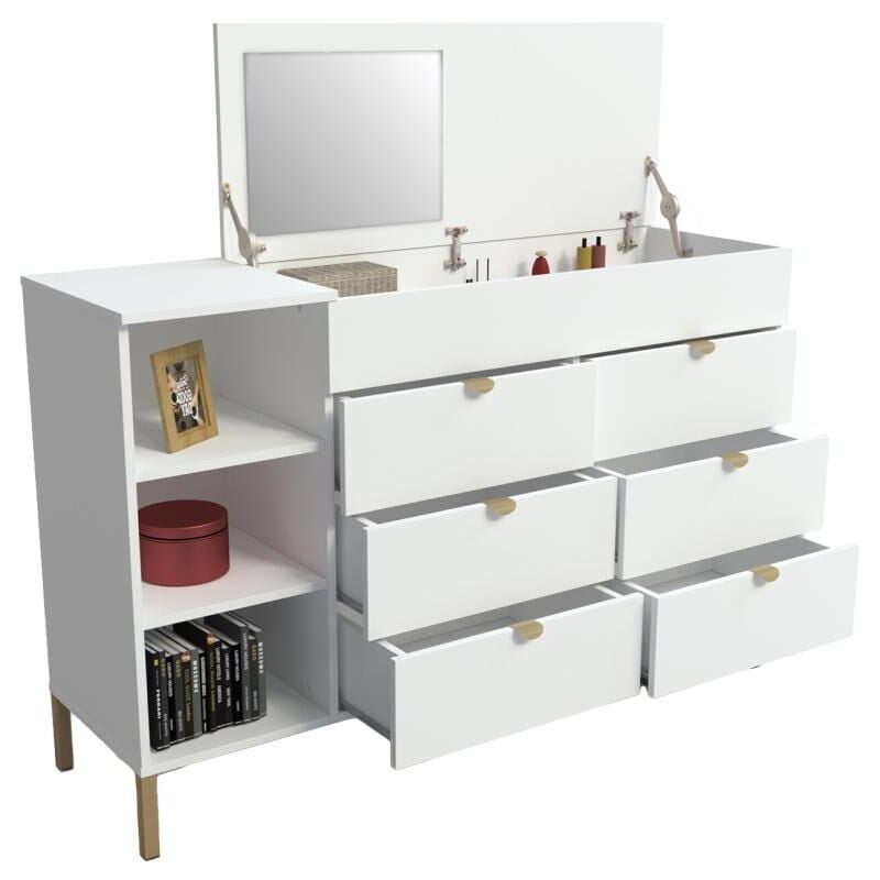 foto del prodotto com 6 cassetti, 3 nicchie e 1 scomparto con specchio bianco e dorato onisha
