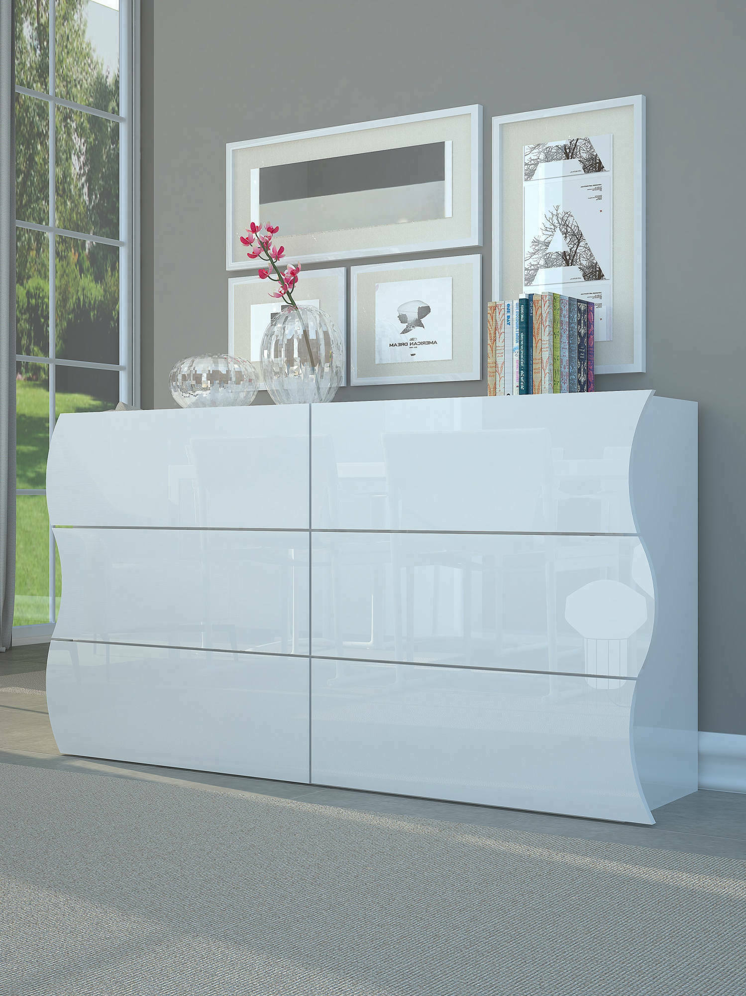 foto del prodotto com aton, made in italy, mobiletto per soggiorno e camera, credenza 6 cassetti, bianco lucido, cm 155x40h82