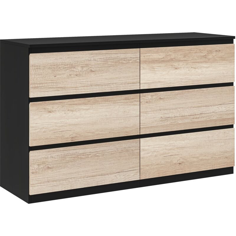 foto del prodotto com cassettiera 6 cassetti 120x39x75 cm con maniglie a gola in legno nera e color legno