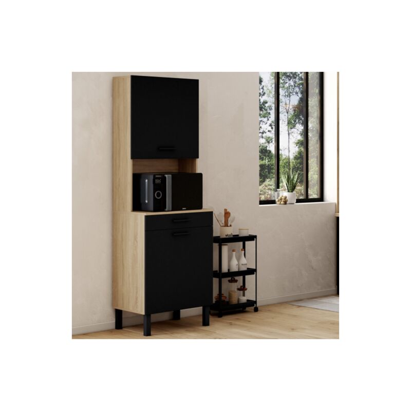 foto del prodotto com da cucina cina 60 cm 2 ante cassetto, finitura faggio e nero