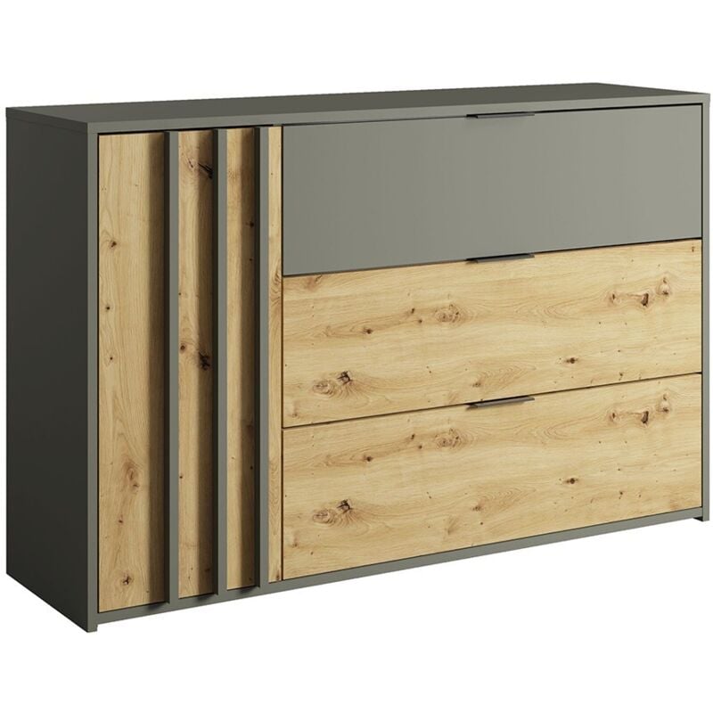 foto del prodotto com design con 3 cassetti e 1 porta. collezione izo in colore grigio antracite e rovere chiaro.