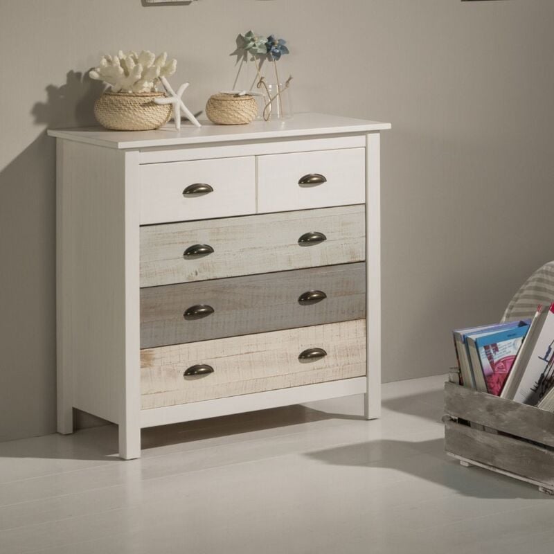 foto del prodotto com in legno massiccio con 5 cassetti colore bianco grigio e crema 79x40x80h cm romantica