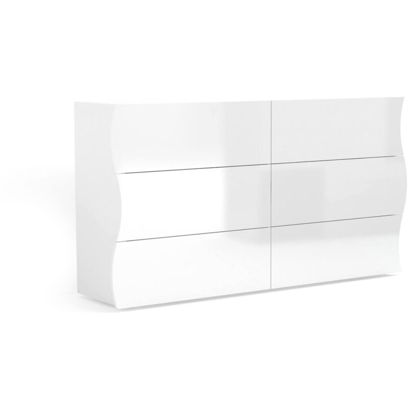 foto del prodotto com ondulato, made in italy, mobiletto per soggiorno e camera, credenza 6 cassetti, colore bianco lucido, cm 155x40h82, con imballo rinforzato