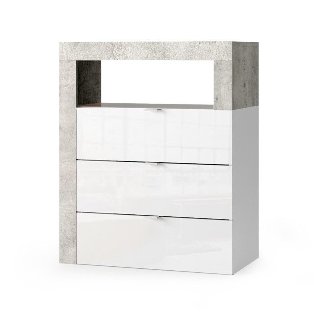 foto del prodotto comò per il bagno bura 3 cassetti l64 cm bianco lucido laccato e grigio effetto cemento
