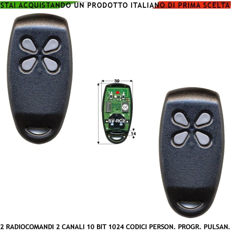 foto del prodotto comando radio 2 canali 2 pezzi freq. 433,92 mhz potenza 5 mw portata aria libera 60 100 mt codice di sicurezza 10 bit selezione da 2 pulsanti duplica