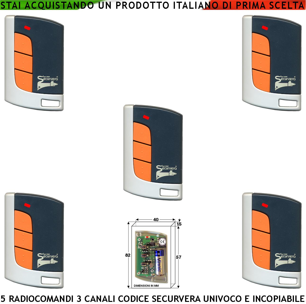 foto del prodotto comando radio cinque pezzi frequenza 433,92 mhz potenza 1 mw portata aria libera 60 100 mt 3 canali codice sicurezza securvera rolling code 66 bit batteria 12 v 23 a contenitore abs tasti con pallini