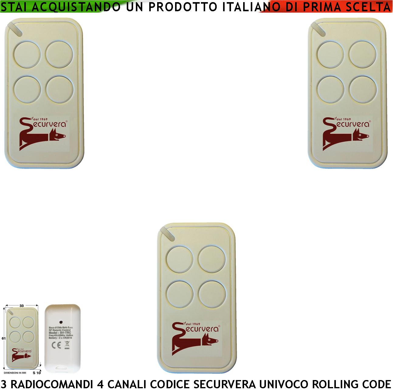 foto del prodotto comandoradio 3 telecomandi 4 canali frequenza di trasmissione 433,92 mhz potenza trasmessa 1 mw codifica di sicurezza univoca securvera led segnalazione