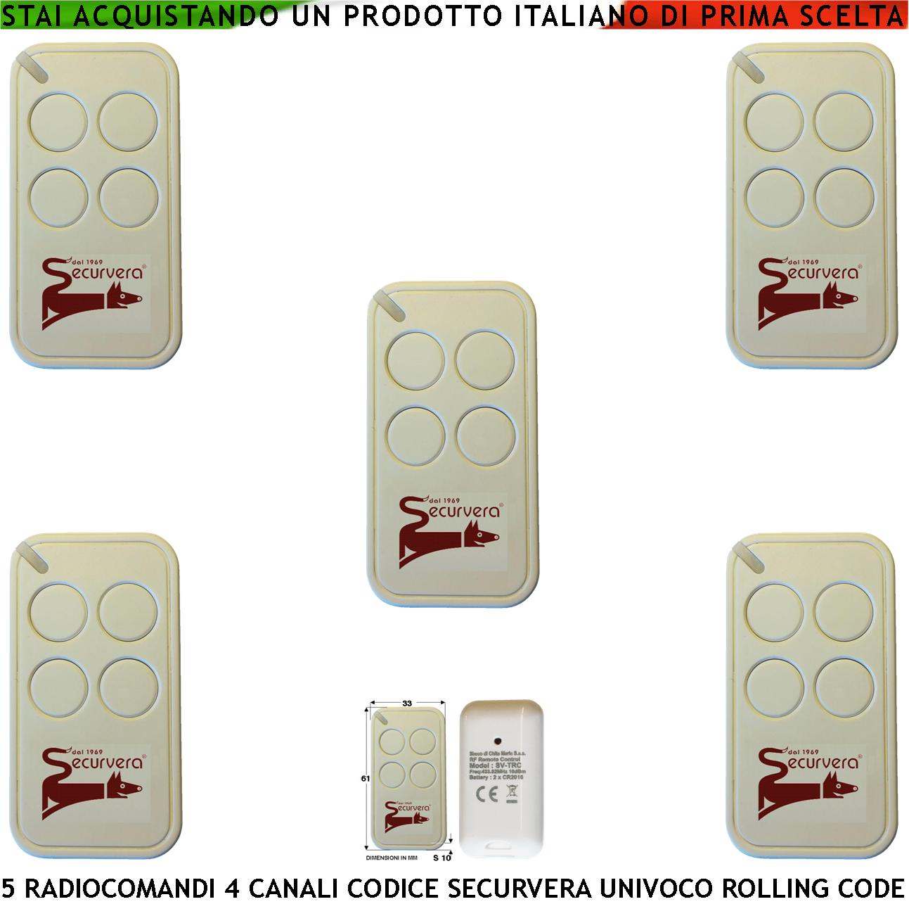 foto del prodotto comandoradio 5 telecomandi 4 canali frequenza di trasmissione 433,92 mhz potenza trasmessa 1 mw codifica di sicurezza univoca securvera led segnalazione