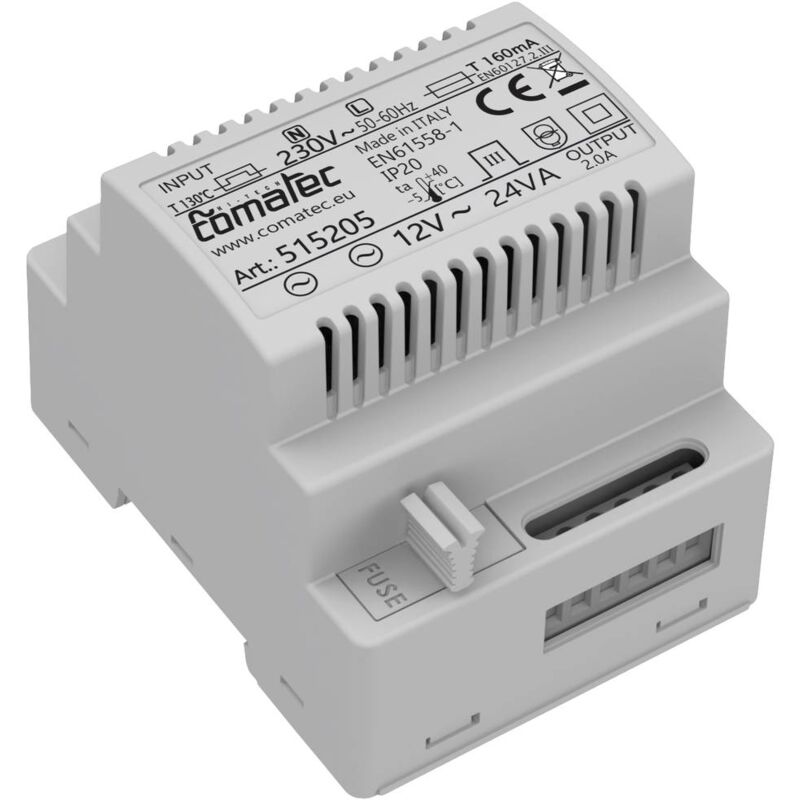 foto del prodotto comatec tbd202412f4 alimentatore per guida din 12 v ac 2 a 24 va contenuto 1 pz.