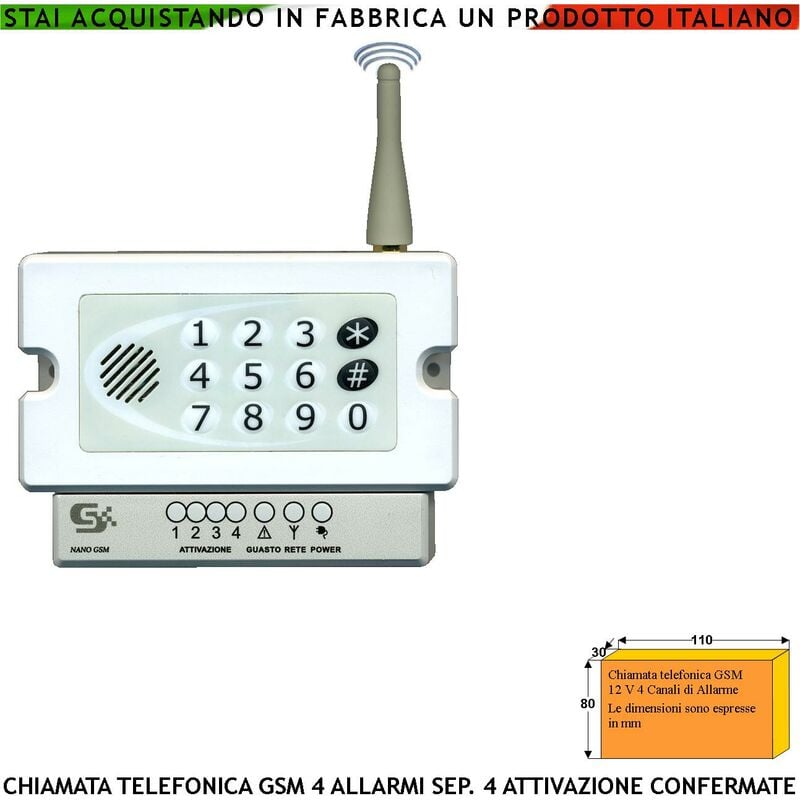 foto del prodotto combinatore gsm chiama 40 numeri su 4 canali 4 messaggi voce conferma attivazioni telesoccorso ascolto ambientale optional dual band memorizza eventi