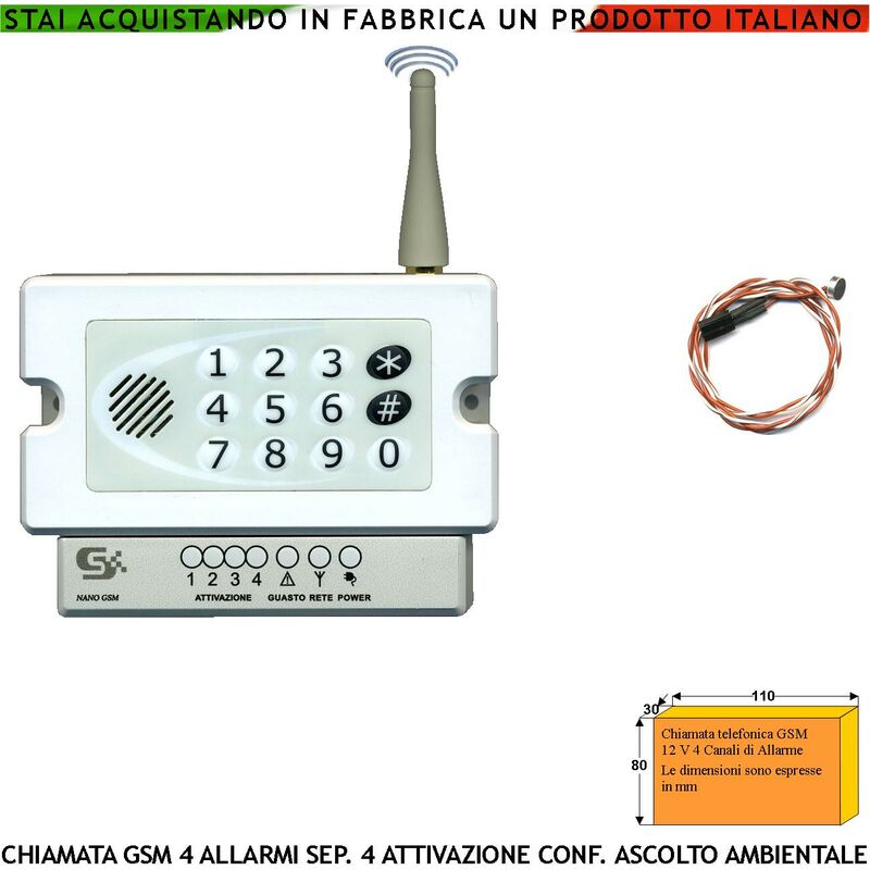 foto del prodotto combinatore gsm chiama 40 numeri su 4 canali 4 messaggi voce microfono esterno ascolto ambientale telesoccorso conferma attivazioni memorizza eventi