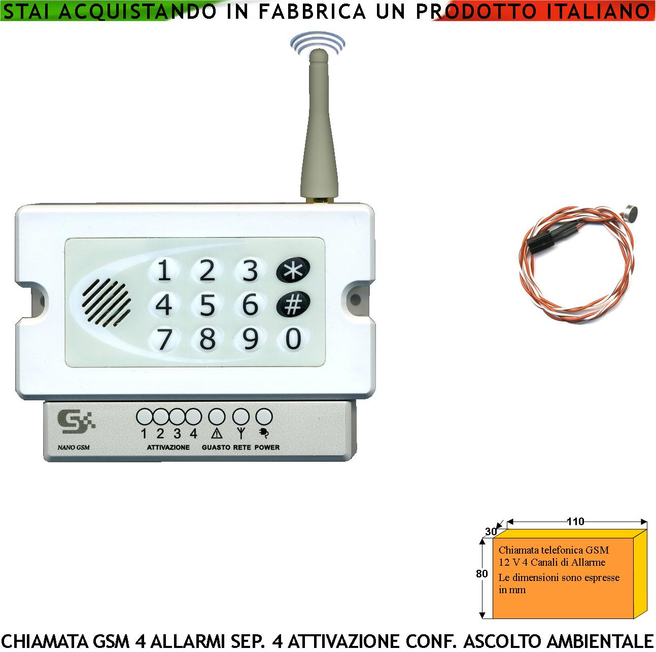 foto del prodotto combinatore gsm chiama 40 numeri su 4 canali 4 messaggi voce microfono esterno ascolto ambientale telesoccorso conferma attivazioni memorizza eventi per data password apri cancello accesso e blocco