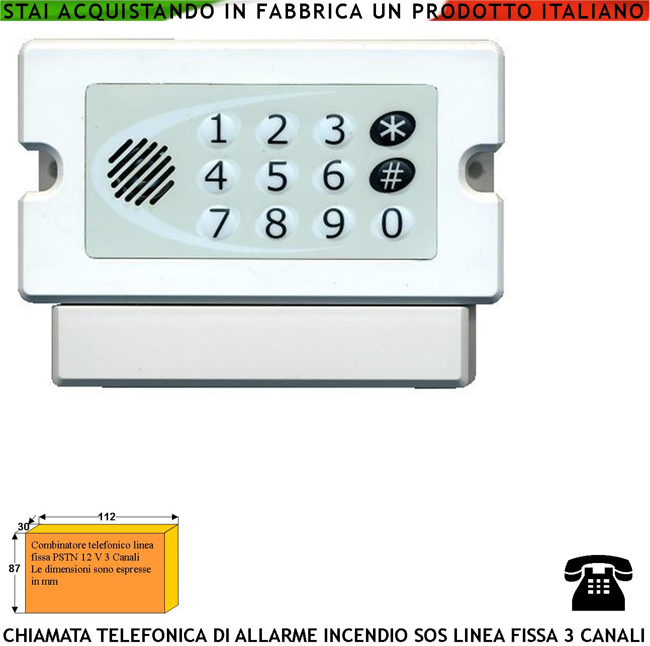 foto del prodotto combinatore pstn chiamata telefonica soccorso 3 canali programmabili 3 messaggi da 15 sintesi vocale richiama 2 9 volte sos allarme furto incorpora microfono e altoparlante blocco chiamate alim. 12 v