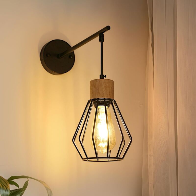 foto del prodotto comely applique da parete per interni in legno e27, lampada da parete in metallo industriale vintage, lampada da parete a gabbia nera retr nordica