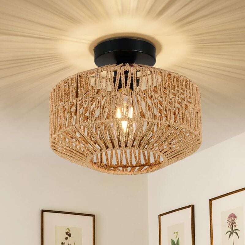 foto del prodotto comely lampada da soffitto sospesa in rattan, lampada da soffitto boho con paralume in rattan, lampada da soffitto vintage in bamb , lampada da