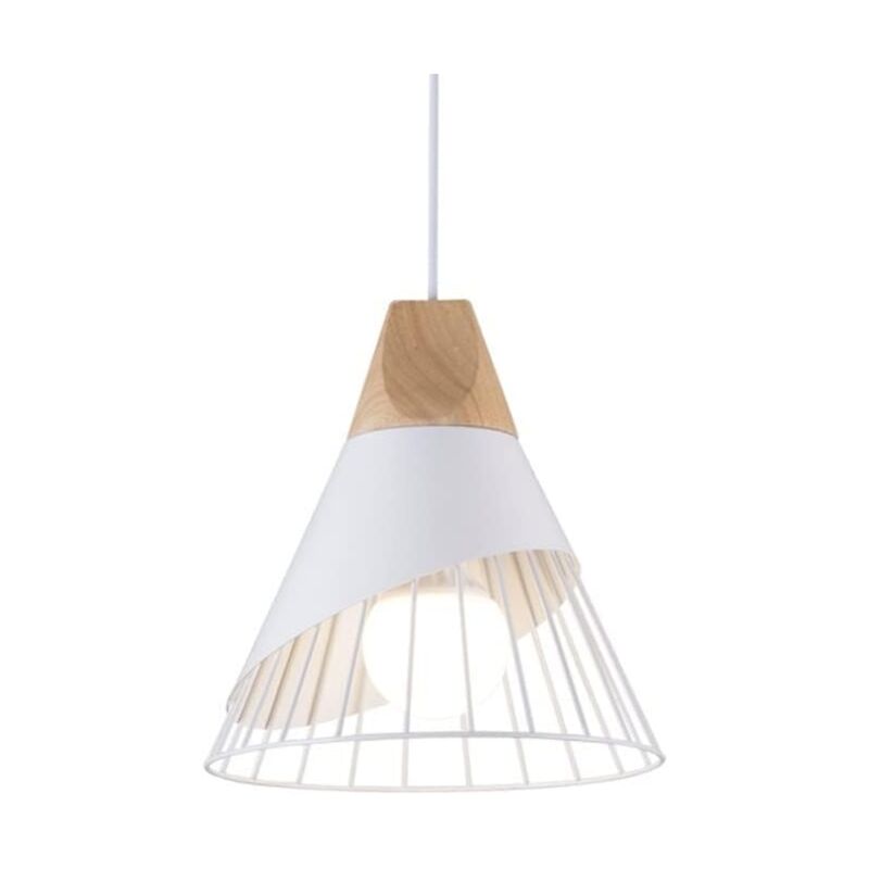 foto del prodotto comely lampadario sospensione vintage, plafoniera industriale in legno e metallo, con paralume a forma di cono e gabbia in ferro per cucina,