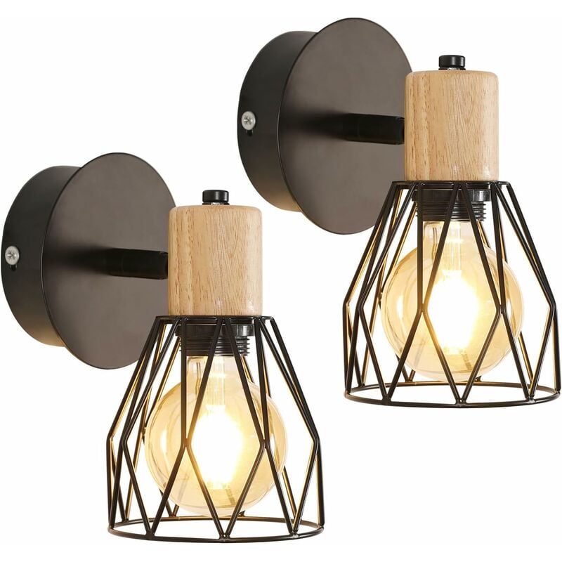 foto del prodotto comely luce murale industriale ad interno, lampada da parete nera a 2 pacchetti e27, gabbia applicabile in metallo in metallo in legno regolabile