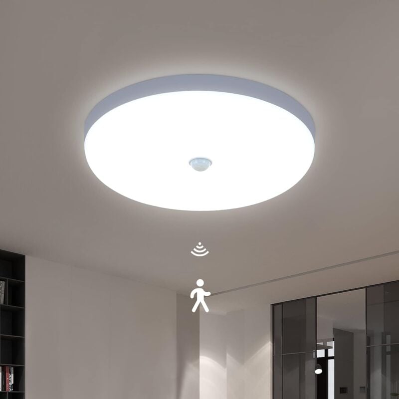 foto del prodotto comely plafoniera led con sensore di movimento, 30w 6600k cool white light modern ceiling lamp, 25cm white round ceiling light for kitchen,