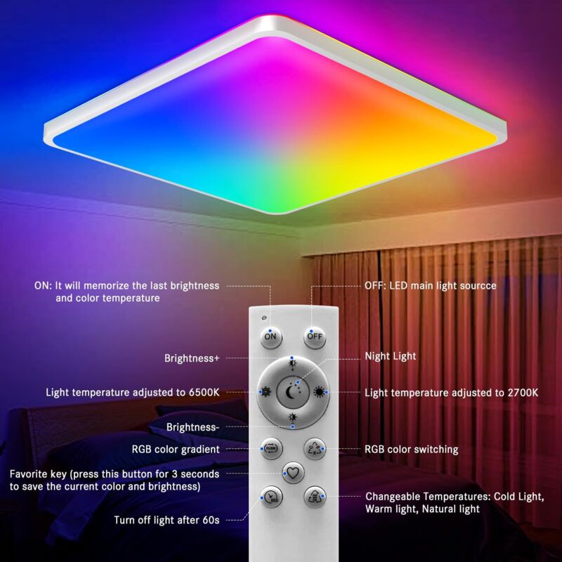 foto del prodotto comely plafoniera led dimmerabile, plafoniera led rgb da 24w, plafoniera smart app, lampada alexa 2400lm per soggiorno camera da letto con