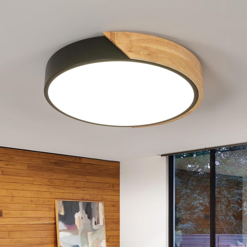 foto del prodotto comely plafoniera led rotonda in legno, lampada da soffitto nera 30w 3400lm, luce neutra 4500k, plafoniera in legno per soggiorno, camera da letto,
