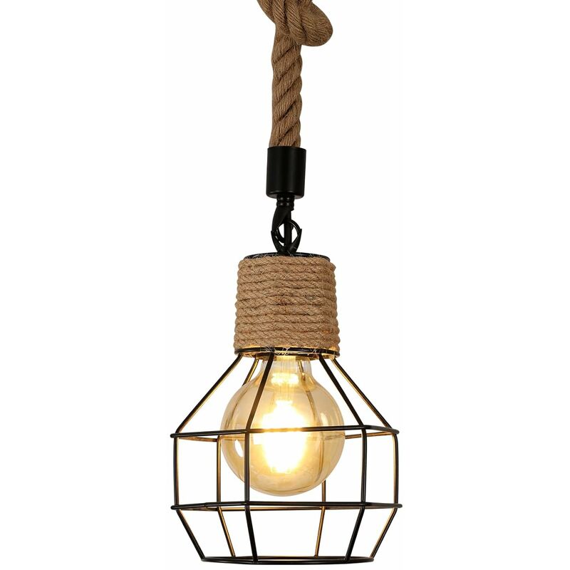 foto del prodotto comely sospensione illuminazione industriale lampadario in legno e corda altezza regolabile lampada nera vintage e27 per cucina soggiorno