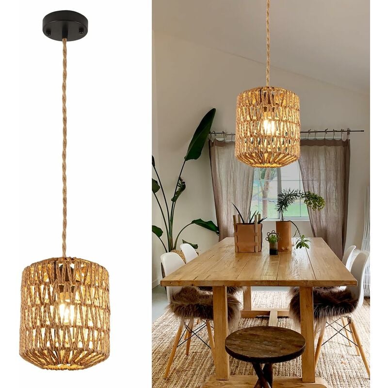 foto del prodotto comely sospensione luminosa in rattan, lampada vintage e27, lampadario in rattan per salotto, cucina, camera da letto, bar senza sorgente luminosa 