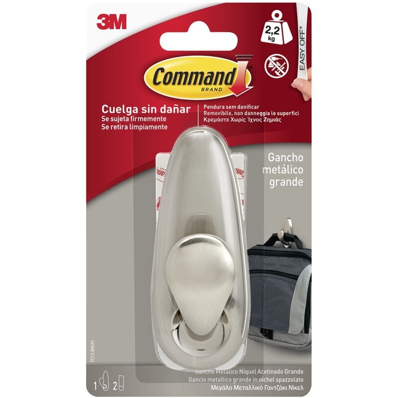 foto del prodotto command 16804 gancio metallico punta arrotondata, resistente all acqua, l, nichel spazzolato, l