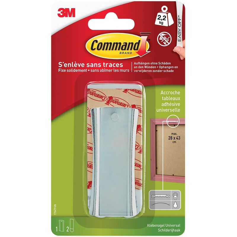 foto del prodotto command 17047 gancio per appendere quadri, in metallo, misura l, portata fino a 2,2 kg, con 2 strisce adesive