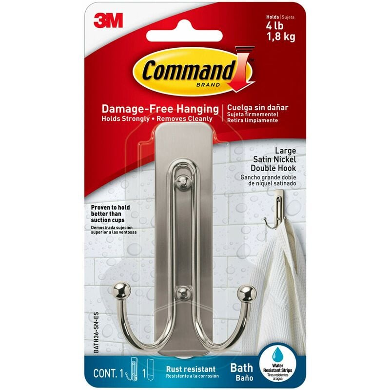 foto del prodotto command bagno grande doppio gancio, nickel satinato, 1 gancio, 2 strisce adesive, organizzare senza forare o danneggiare il muro, tenuta 1,8kg
