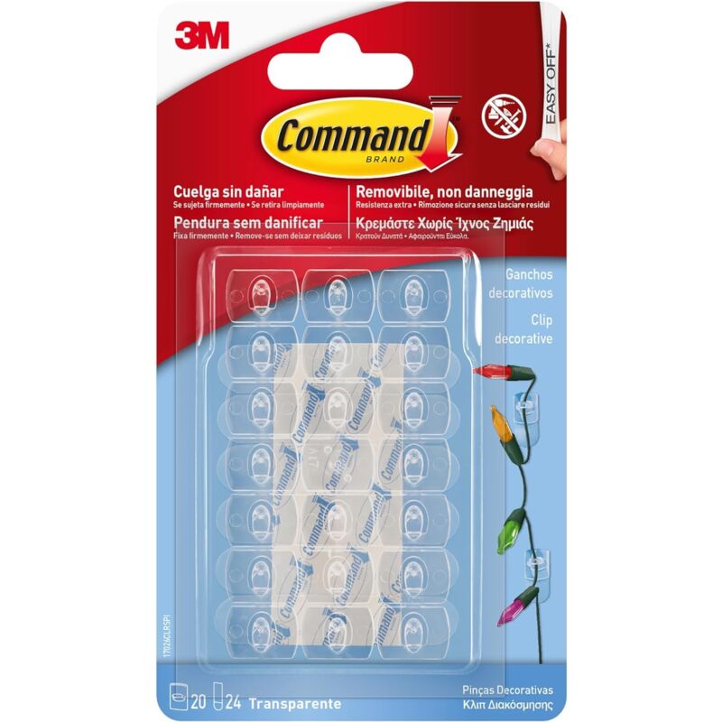 foto del prodotto command clip adesive trasparenti per decorazioni interne, confezione da 20 mini ganci e 24 piccole strisce adesive decora senza forare,