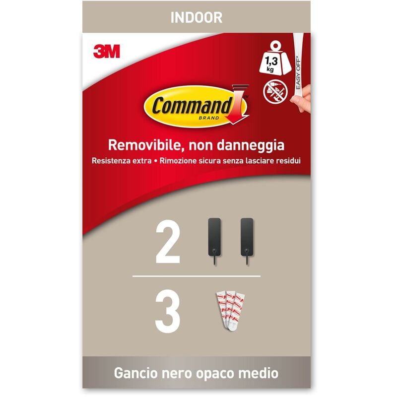 foto del prodotto command ganci adesivi metallici nero opaco, 2 ganci e 3 strisce appendi abiti, borse e molto altro da parete o porta senza forare o danneggiare il