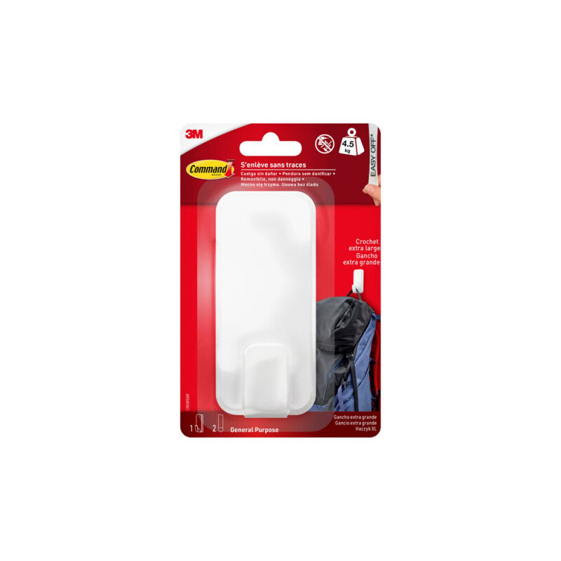 foto del prodotto command gancio bianco, extra large xl heavy duty, 1 gancio 2 strisce adesive, per oggetti da interno e altri oggetti fino a 4,5 kg, senza chiodi,