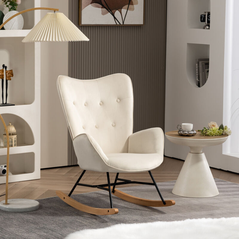 foto del prodotto comoda sedia a dondolo scandinava per allattamento in velluto beige imbottito meubles cosy