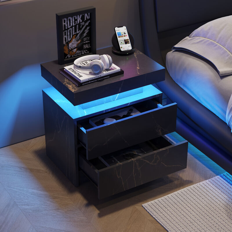 foto del prodotto comodini 50x53x36cm con 2 cassetti, cassettiera, led, per camera da letto, legno, nero oro