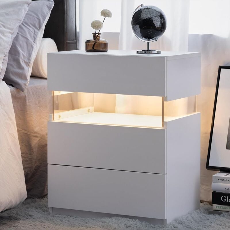foto del prodotto comodini a led, cassettiera a 3 cassetti per camera da letto, tavolino con pannello in acrilico, comodini a led per camera da letto, soggiorno,