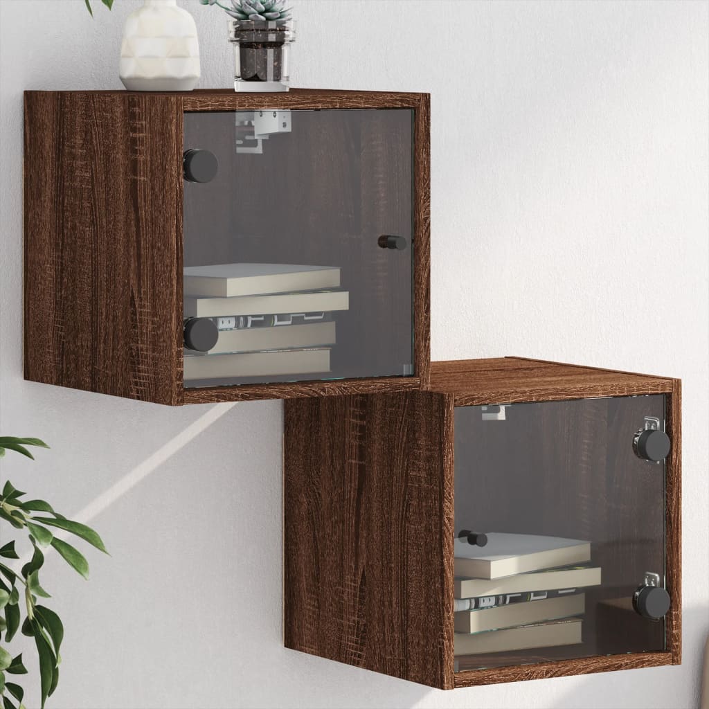 foto del prodotto comodini con ante in vetro 2pz rovere marrone 35x37x35 cm