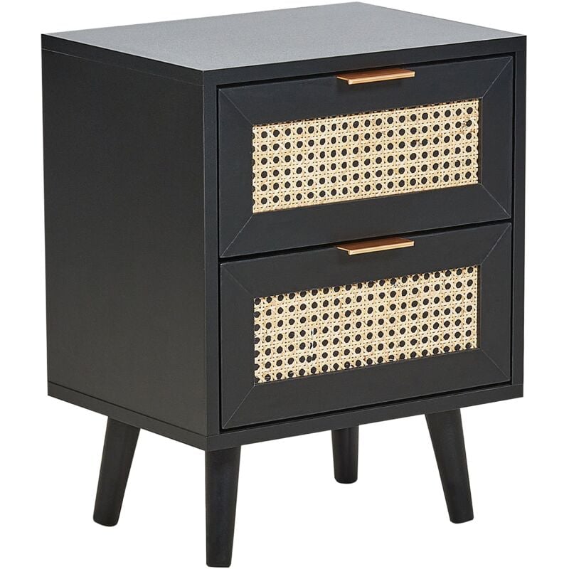 foto del prodotto comodino 2 cassetti in rattan mdf nero gambe in legno di gomma comodino in stile boho camera da letto nera opoco