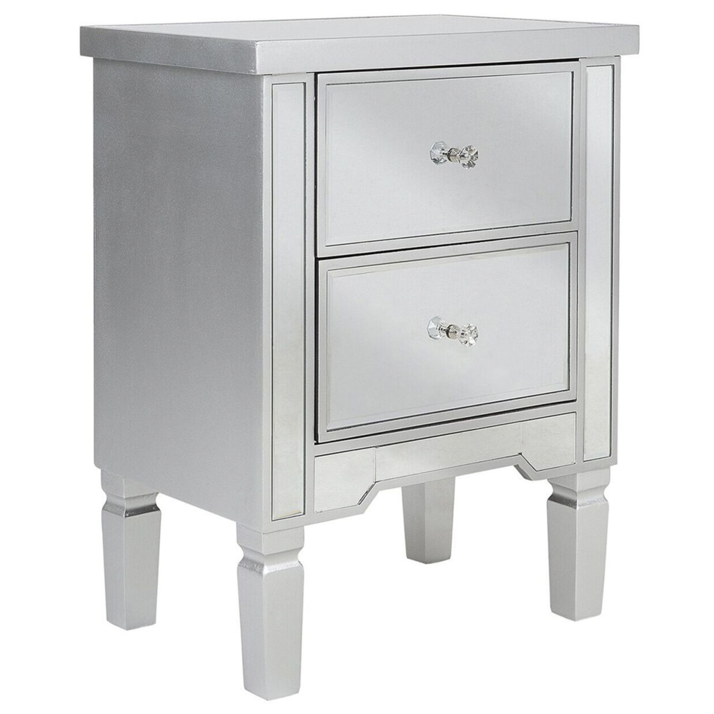 foto del prodotto comodino 2 cassetti vetro argento specchiato glam stile moderno