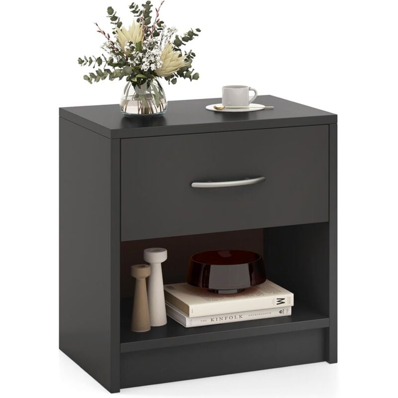 foto del prodotto comodino 38,5 x 28 x 40,5cm in legno, tavolino salvaspazio con scomparto aperto e casseto per soggiorno e camera da letto grigio costway