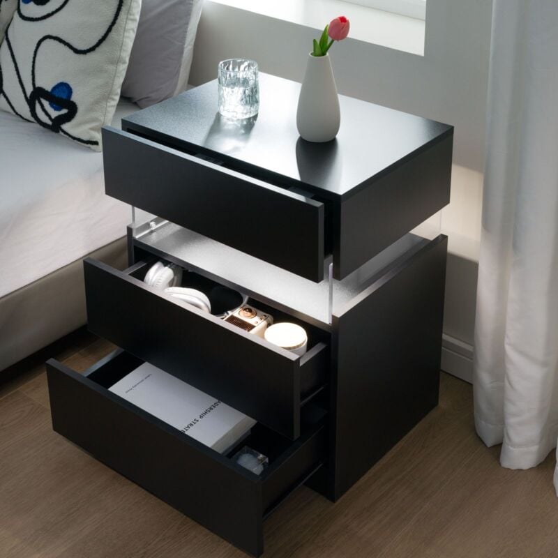 foto del prodotto comodino 48x38x61cm con 3 cassetti, luce led in 3 colori, legno, nero